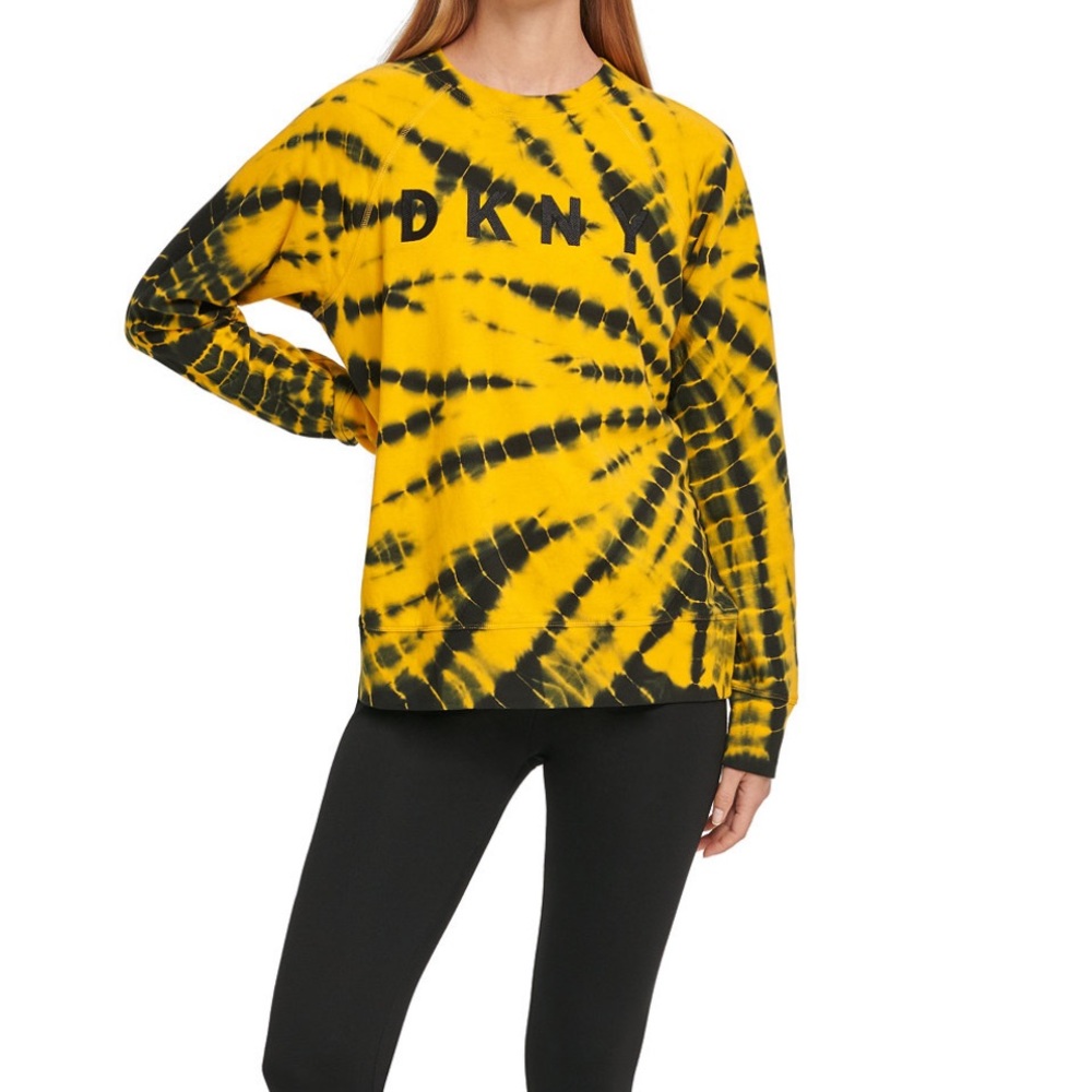 DKNY woman’s sport tie dyed logo top yellow black